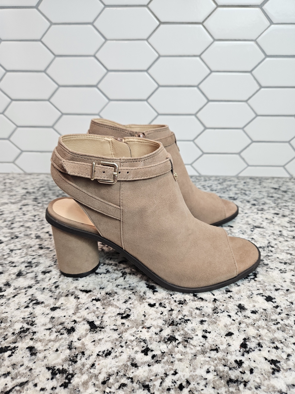 Alex Marie Taupe Suede Open-Toe Buckle Block Heel Booties Size 7.5